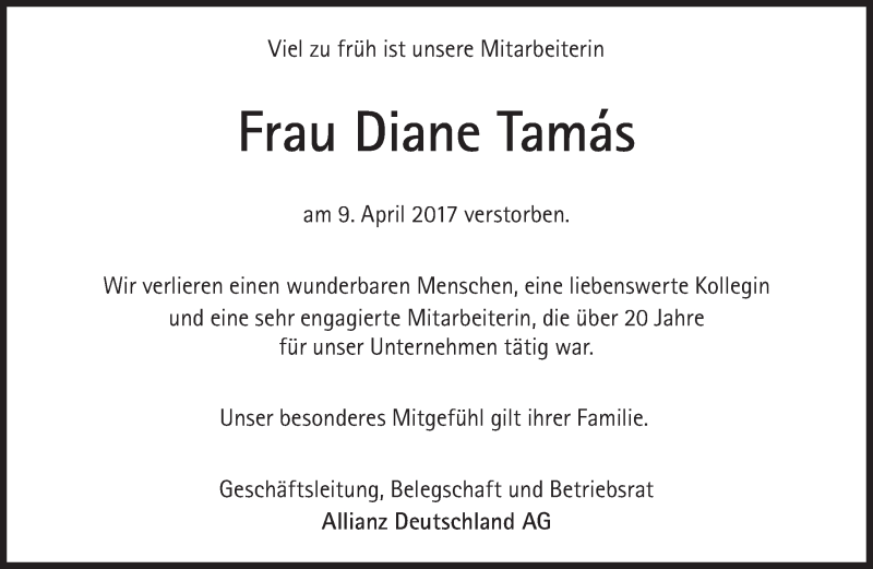  Traueranzeige für Diane Tamas vom 19.04.2017 aus Süddeutsche Zeitung