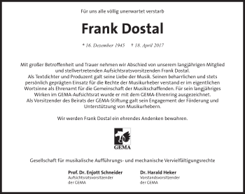 Traueranzeige von Frank Dostal von Süddeutsche Zeitung