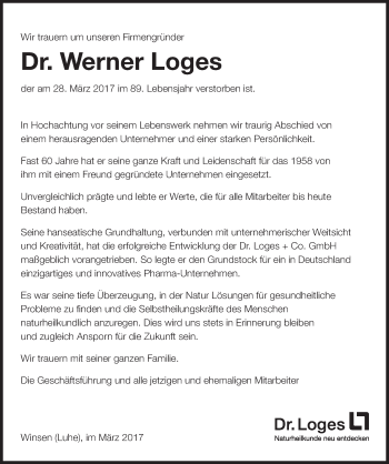 Traueranzeige von Werner Loges von Süddeutsche Zeitung