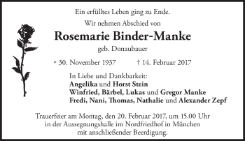 Traueranzeige von Rosemarie Binder-Manke von Süddeutsche Zeitung