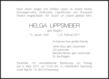Traueranzeige von Helga Lippsmeier von Süddeutsche Zeitung