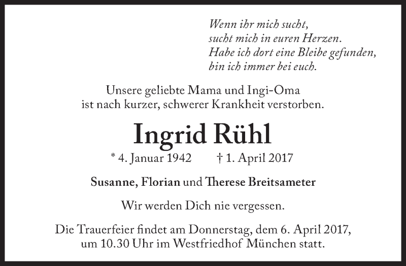  Traueranzeige für Ingrid Rühl vom 04.04.2017 aus Süddeutsche Zeitung