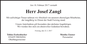 Traueranzeige von Josef Zangl von Süddeutsche Zeitung