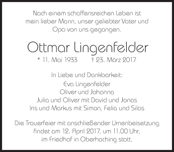 Traueranzeige von Ottmar Lingenfelder von Süddeutsche Zeitung
