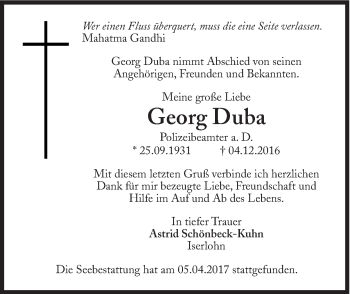 Traueranzeige von Georg Duba von Süddeutsche Zeitung