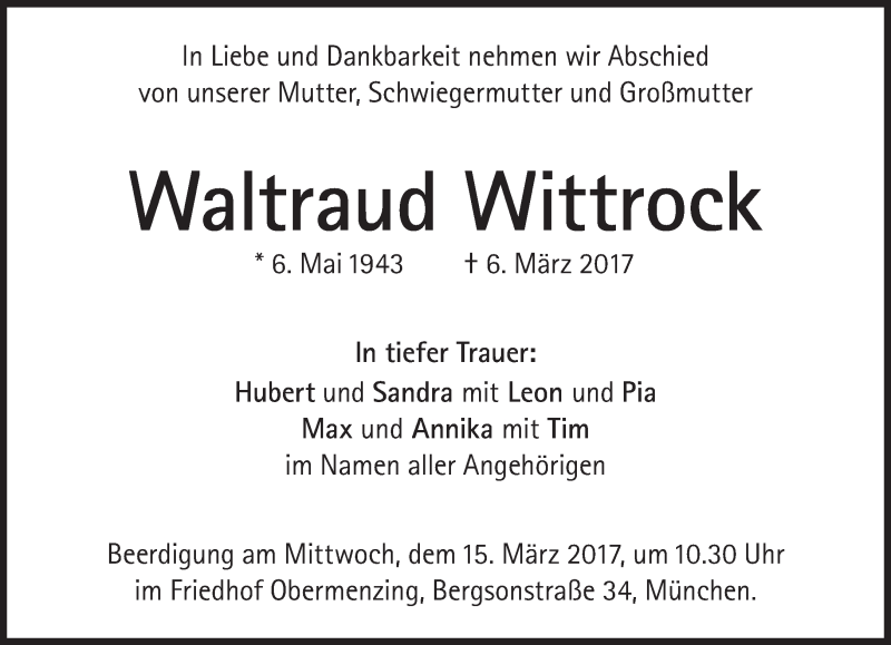  Traueranzeige für Waltraud Wittrock vom 11.03.2017 aus Süddeutsche Zeitung