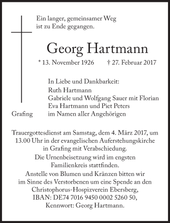 Traueranzeige von Georg Hartmann von Süddeutsche Zeitung