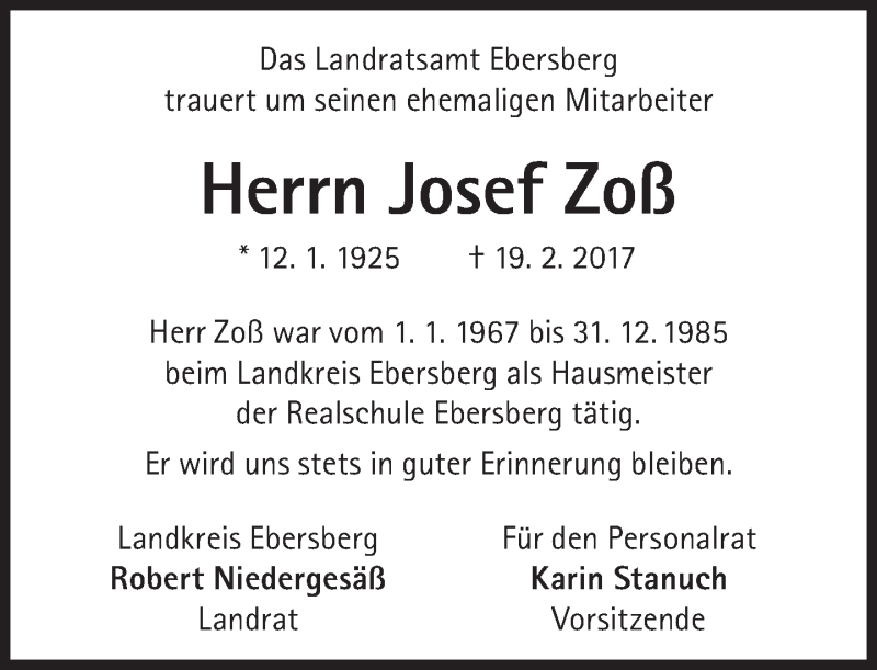  Traueranzeige für Josef Zoß vom 24.02.2017 aus Süddeutsche Zeitung