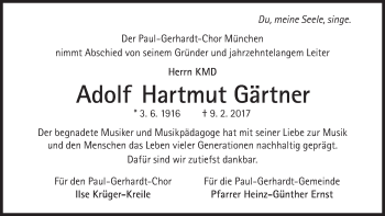 Traueranzeige von Adolf Hartmut Gärtner von Süddeutsche Zeitung