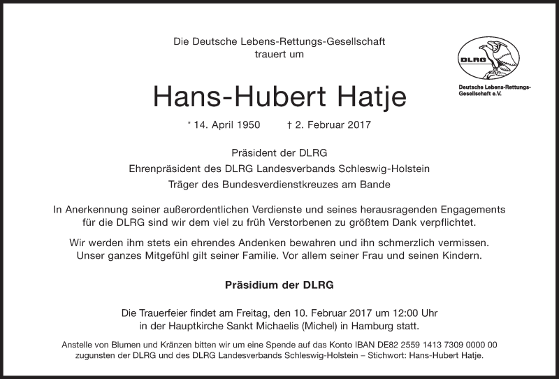  Traueranzeige für Hans-Hubert Hatje vom 08.02.2017 aus Süddeutsche Zeitung