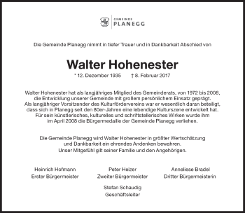 Traueranzeige von Walter Hohenester von Süddeutsche Zeitung