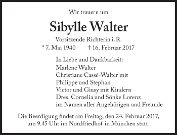 Traueranzeige von Sibylle Walter von Süddeutsche Zeitung