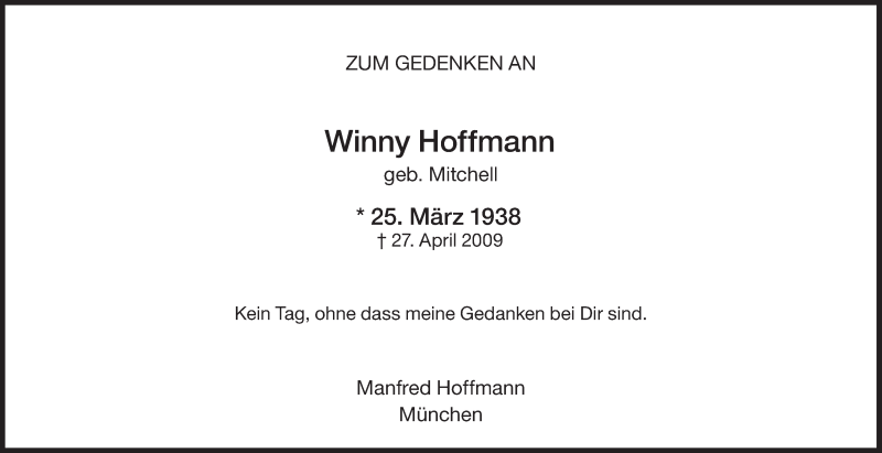  Traueranzeige für Winny Hoffmann vom 25.03.2017 aus Süddeutsche Zeitung