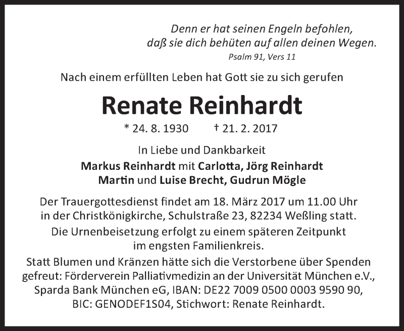  Traueranzeige für Renate Reinhardt vom 11.03.2017 aus Süddeutsche Zeitung