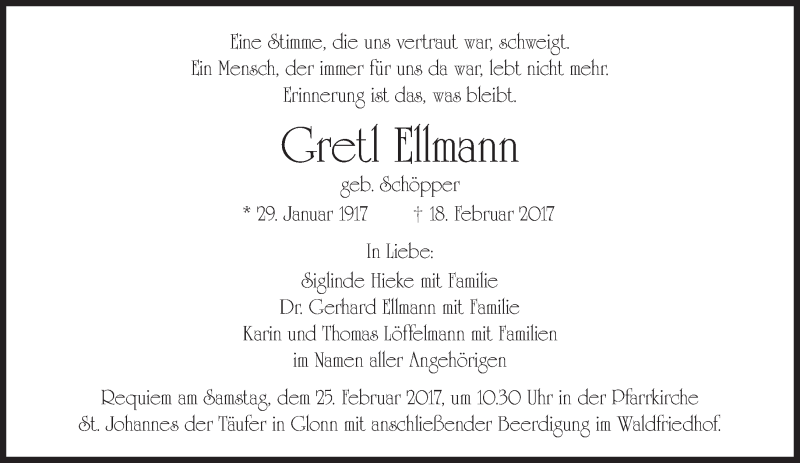  Traueranzeige für Gretl Ellmann vom 22.02.2017 aus Süddeutsche Zeitung