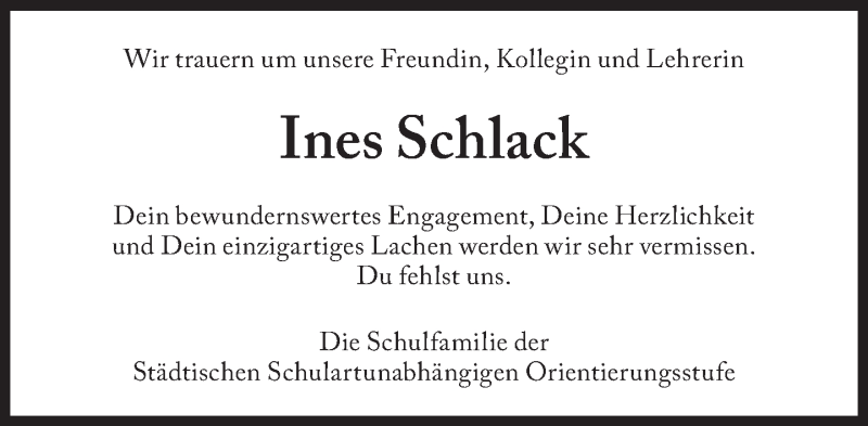  Traueranzeige für Ines Schlack vom 29.04.2017 aus Süddeutsche Zeitung