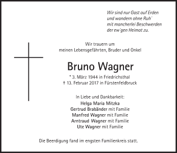 Traueranzeige von Bruno Wagner von Süddeutsche Zeitung