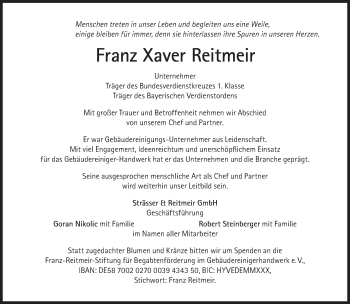 Traueranzeige von Franz Xaver Reitmeir von Süddeutsche Zeitung