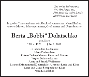 Traueranzeige von Berta Dolatschko von Süddeutsche Zeitung