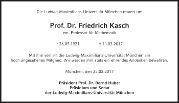 Traueranzeige von Friedrich Kasch von Süddeutsche Zeitung