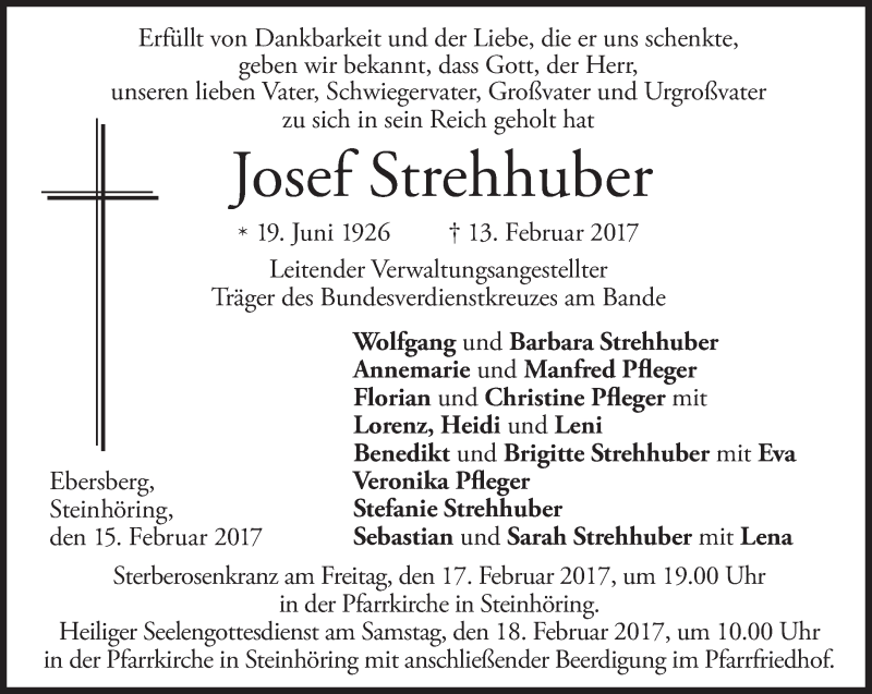  Traueranzeige für Josef Strehhuber vom 15.02.2017 aus Süddeutsche Zeitung