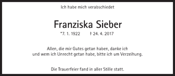 Traueranzeige von Franziska Sieber von Süddeutsche Zeitung