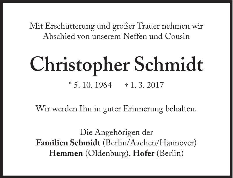  Traueranzeige für Christopher  Schmidt vom 28.03.2017 aus Süddeutsche Zeitung