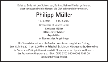 Traueranzeige von Philipp Müller von Süddeutsche Zeitung