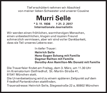 Traueranzeige von Murri Selle von Süddeutsche Zeitung