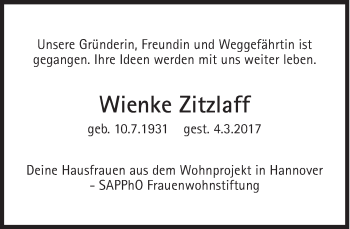 Traueranzeige von Wienke Zitzlaff von Süddeutsche Zeitung