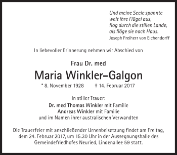 Traueranzeige von Maria Winkler-Galgon von Süddeutsche Zeitung