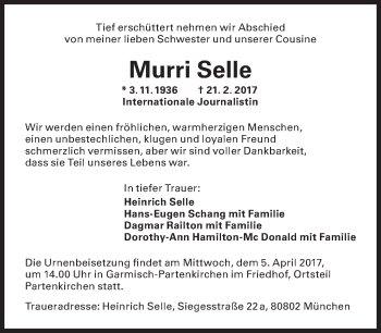 Traueranzeige von Murri Selle von Süddeutsche Zeitung