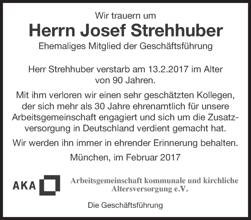  Traueranzeige für Josef Strehhuber vom 18.02.2017 aus Süddeutsche Zeitung