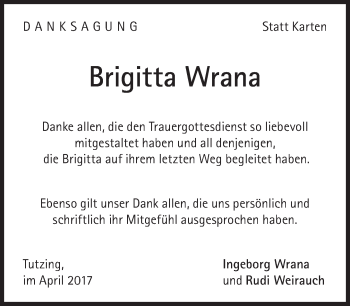Traueranzeige von Brigitta Wrana von Süddeutsche Zeitung