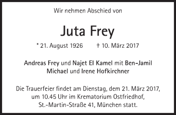 Traueranzeige von Juta Frey von Süddeutsche Zeitung