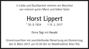 Traueranzeige von Horst Lippert von Süddeutsche Zeitung