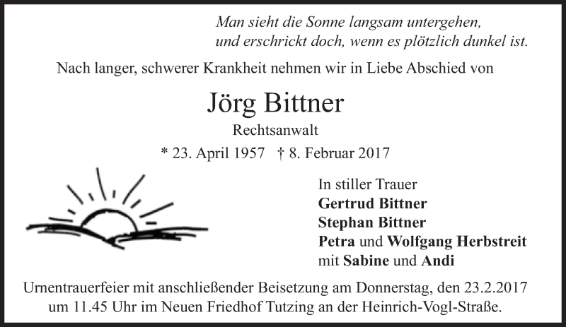  Traueranzeige für Jörg Bittner vom 18.02.2017 aus Süddeutsche Zeitung