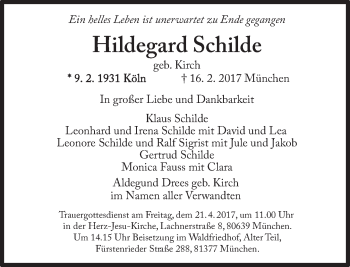 Traueranzeige von Hildegard Schilde von Süddeutsche Zeitung