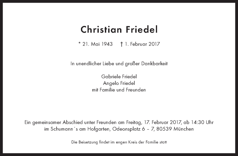  Traueranzeige für Christian Friedel vom 11.02.2017 aus Süddeutsche Zeitung