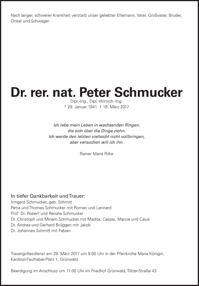  Traueranzeige für Peter Schmucker vom 21.03.2017 aus Süddeutsche Zeitung