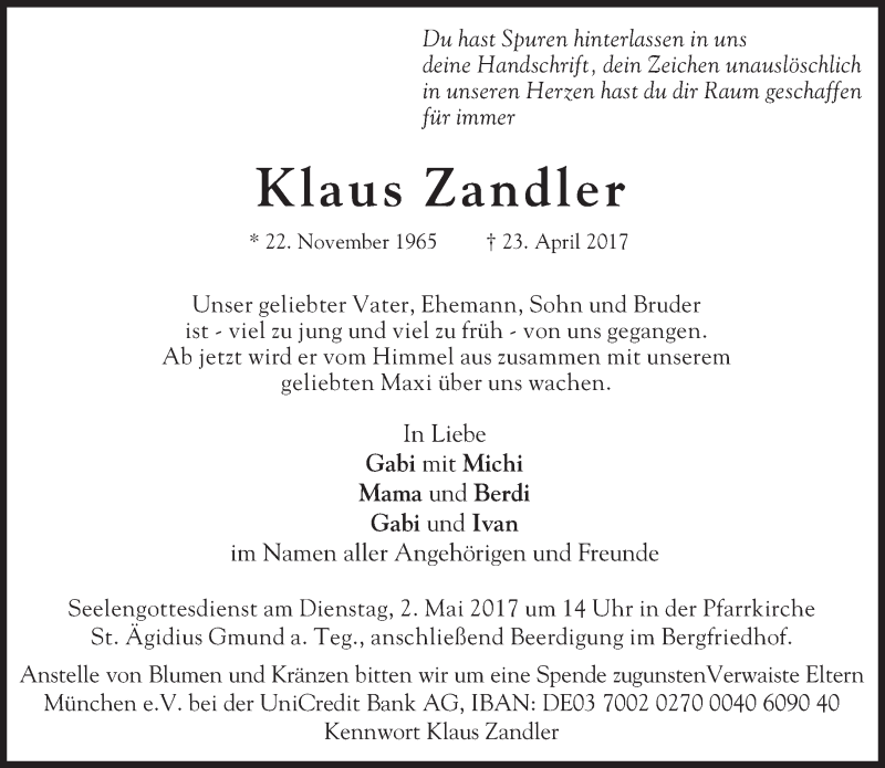  Traueranzeige für Klaus Zandler vom 28.04.2017 aus Süddeutsche Zeitung