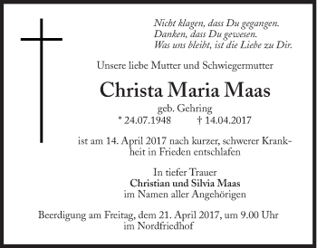 Traueranzeige von Christa Maria Maas von Süddeutsche Zeitung