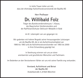Traueranzeige von Willibald Folz von Süddeutsche Zeitung