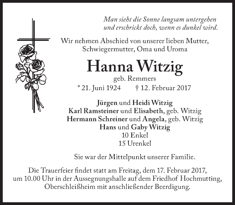  Traueranzeige für Hanna Witzig vom 15.02.2017 aus Süddeutsche Zeitung