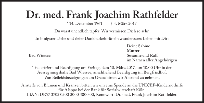  Traueranzeige für Frank Joachim Rathfelder vom 07.03.2017 aus Süddeutsche Zeitung