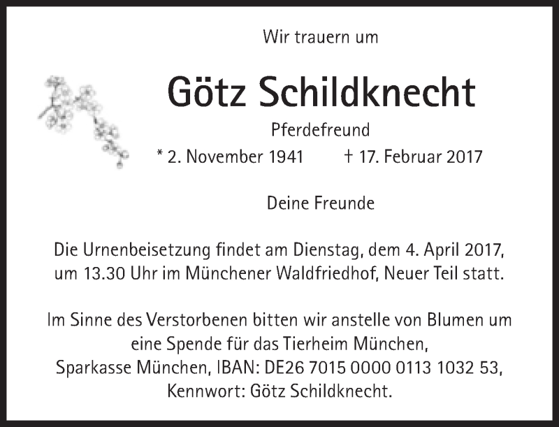  Traueranzeige für Götz Schildknecht vom 25.03.2017 aus Süddeutsche Zeitung