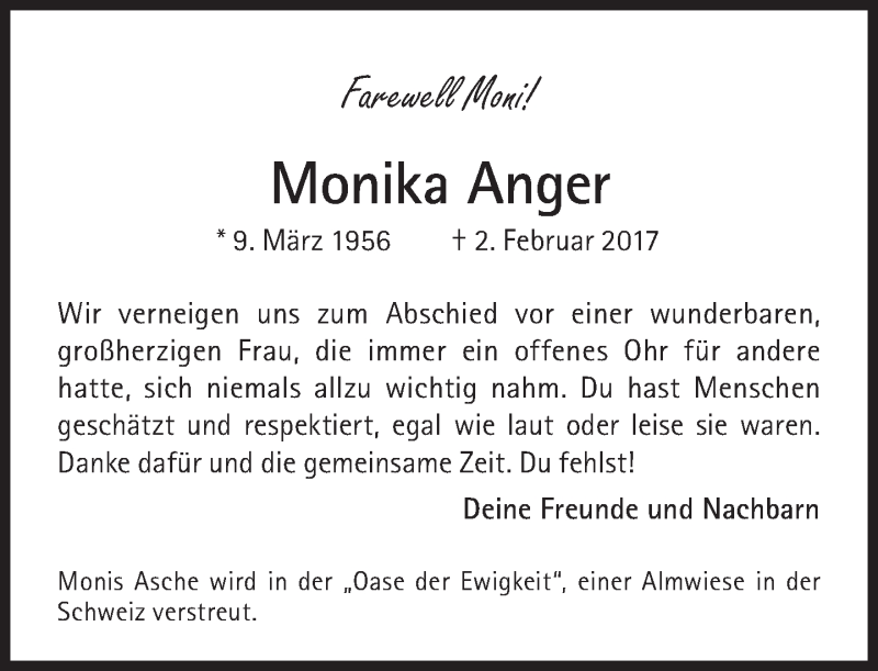  Traueranzeige für Monika Anger vom 08.02.2017 aus Süddeutsche Zeitung