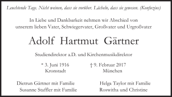 Traueranzeige von Adolf Hartmut Gärtner von Süddeutsche Zeitung