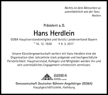 Traueranzeige von Hans Herdlein von Süddeutsche Zeitung