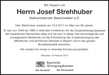 Traueranzeige von Josef Strehhuber von Süddeutsche Zeitung